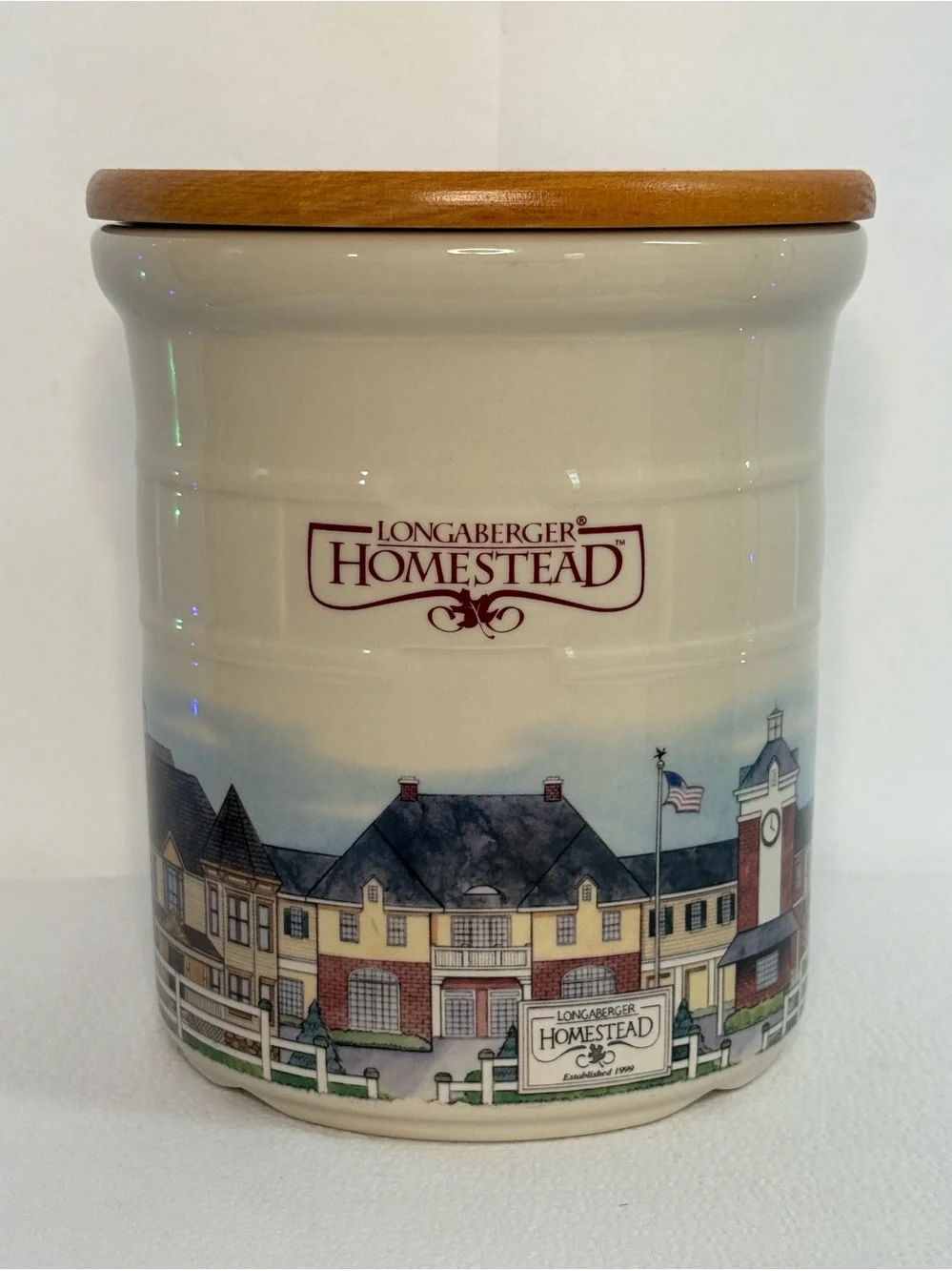 Longaberger Homestead Ceramic Crock with Wood Lid - Cream